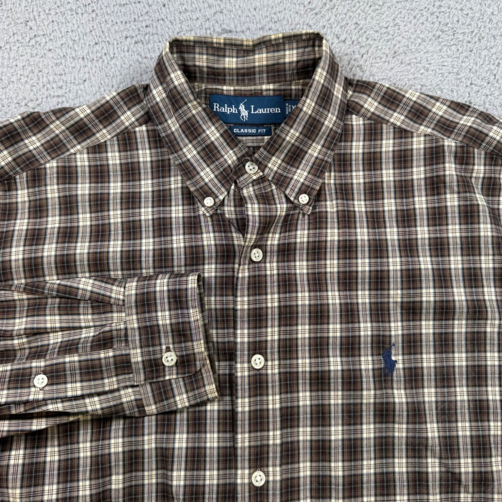 Ralph Lauren Classic Fit Plaid Button Down Shirt Mens Medium Brown Long Sleeve